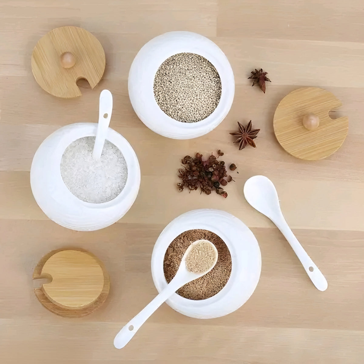 Luxury White Ceramic Spice Condiment Jar Set with Wooden Tray, Lids & Spoons