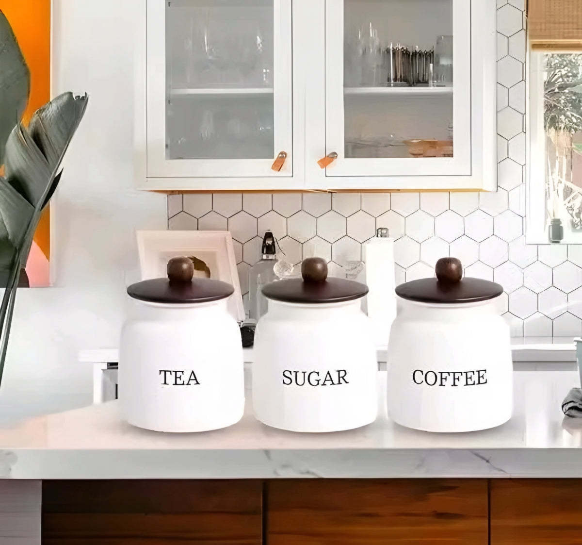 Modern White Metal Tea, Coffee & Sugar Storage Jar Set of 3 with Natural Wooden Lids (700 ml)
