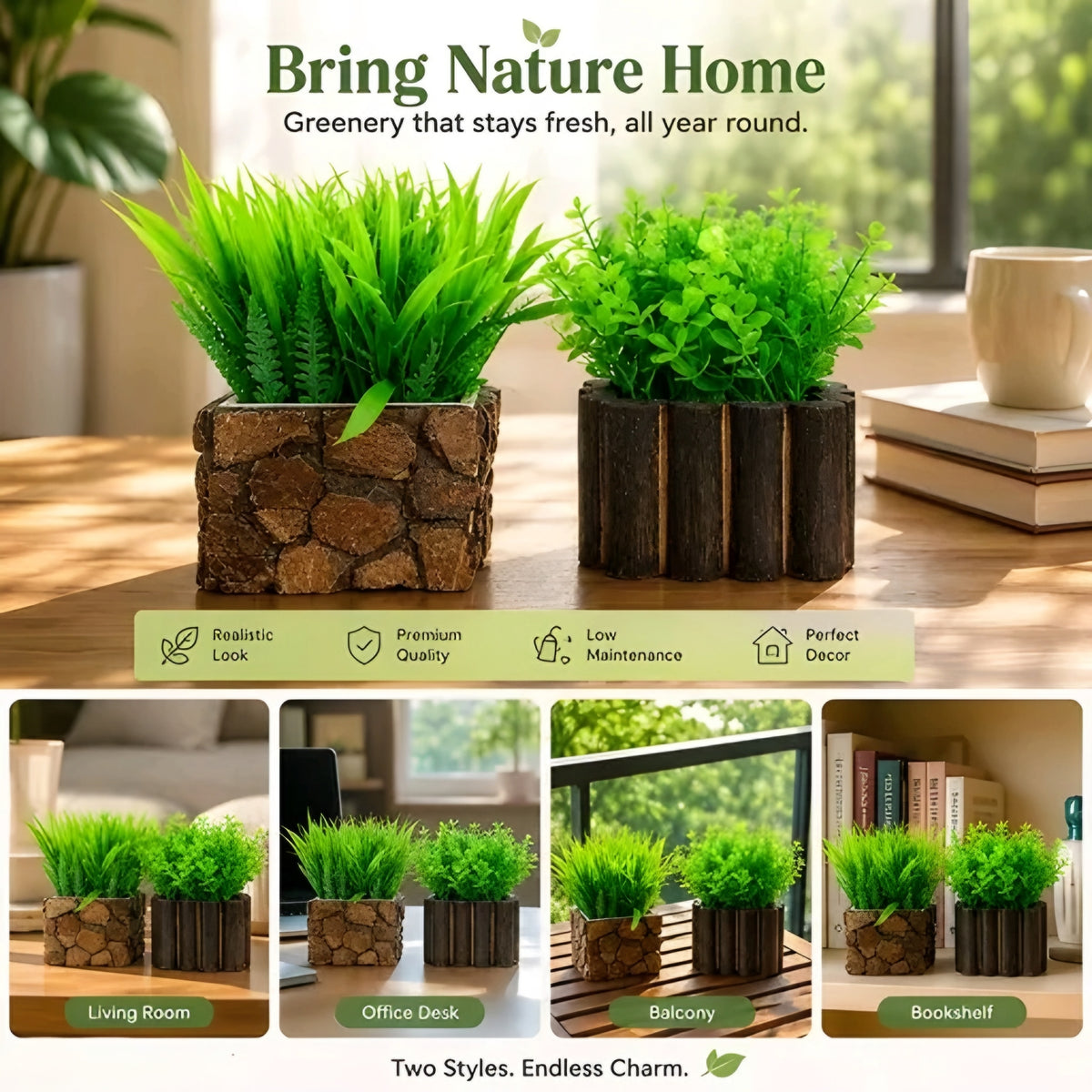 Rustic Wooden-Finish Tabletop Artificial Plants (Set of 2)