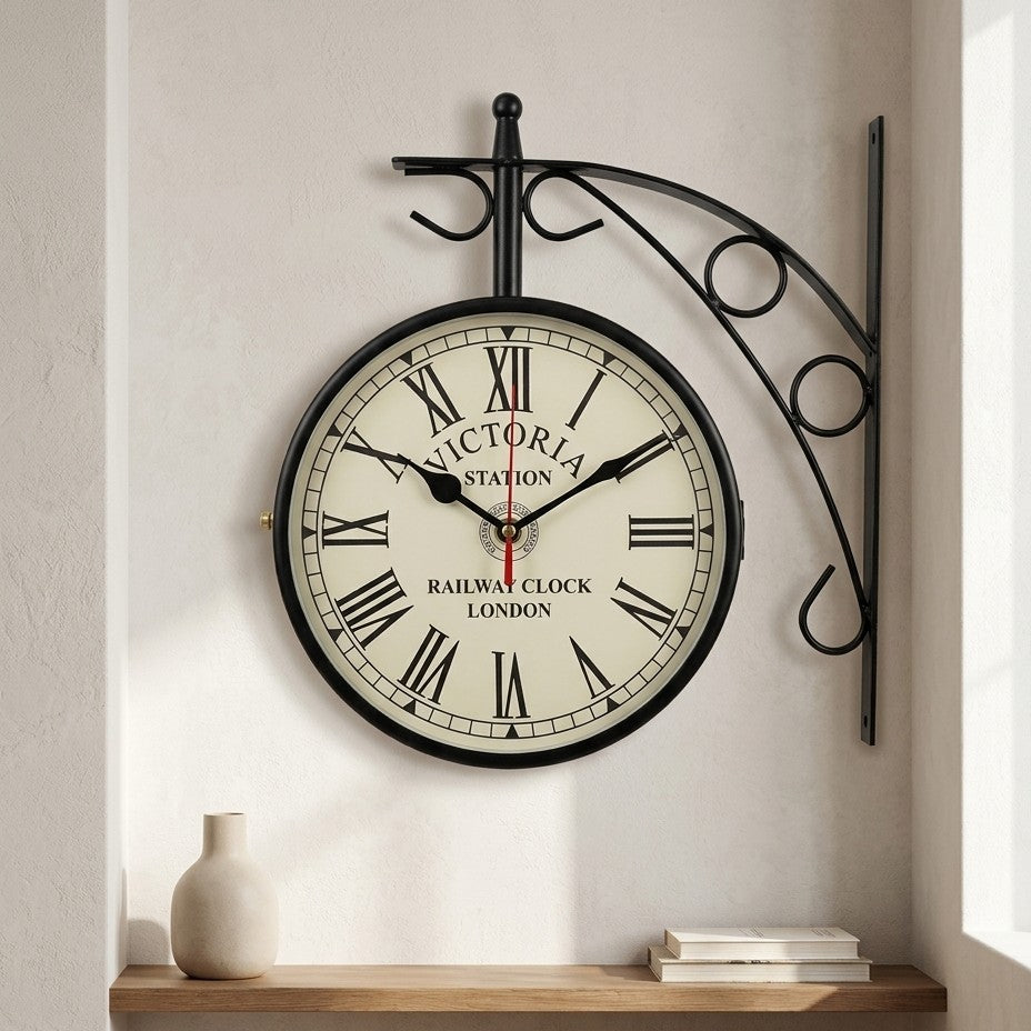 Vintage Victoria Station Double-Sided Hanging Wall Clock - Antique Metal Railway Clock (8 Inch)