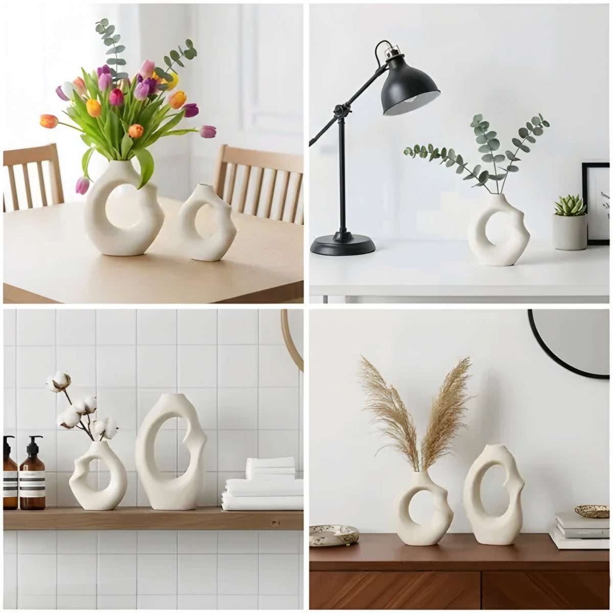 Modern Abstract Matte White Ceramic Vases (Set of 2 - Hollow Doughnut & Curved Design)