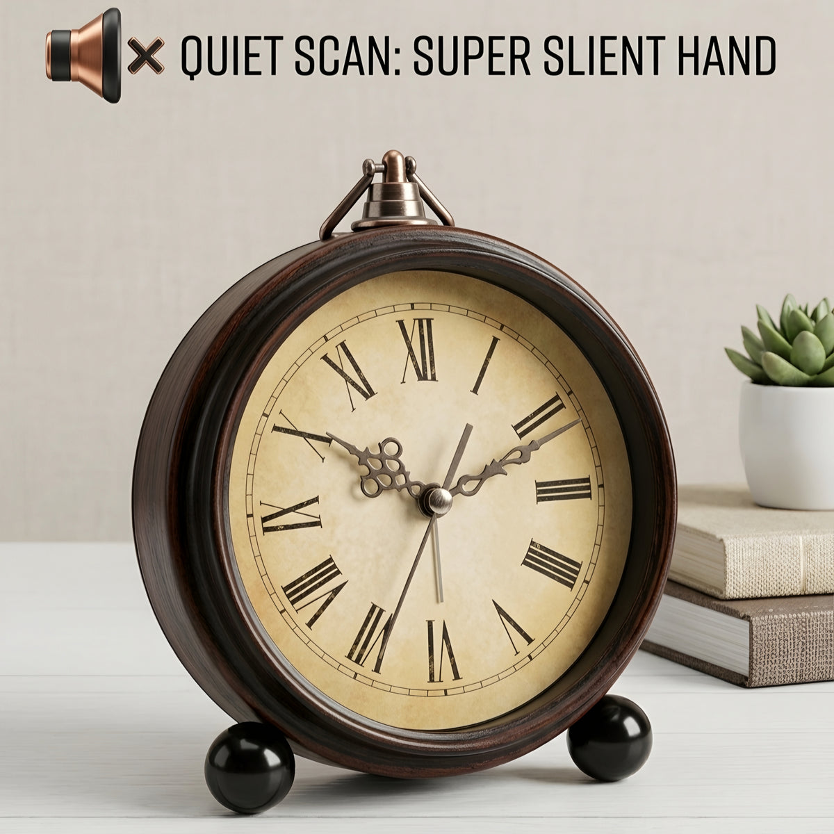 Vintage Metal Tabletop Desk Alarm Clock - Silent Non-Ticking Antique Nightstand Clock with Warm Night Light (Brown)