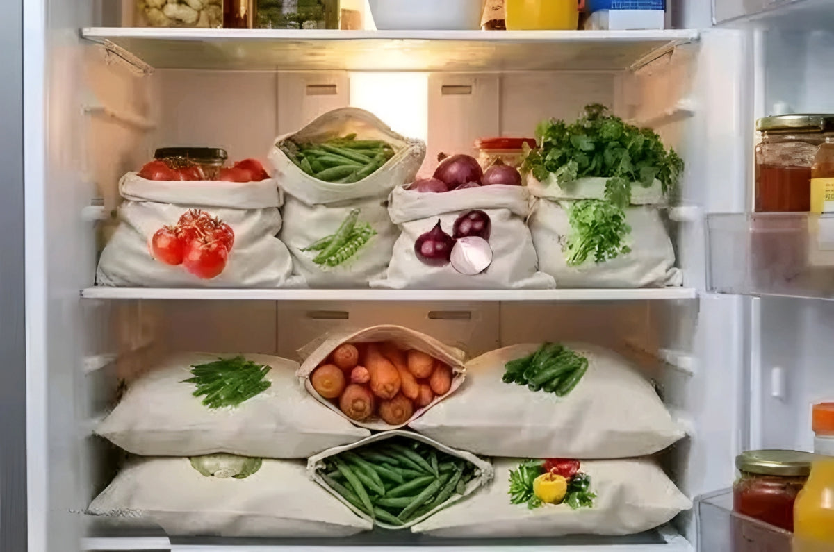 Reusable 100% Cotton Vegetable & Fruit Fridge Storage Bags (Pack of 10)