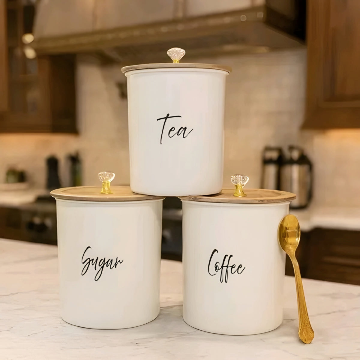 Modern Cream Metal Tea, Sugar & Coffee Storage Canister Jar Set of 3 with Airtight Lids