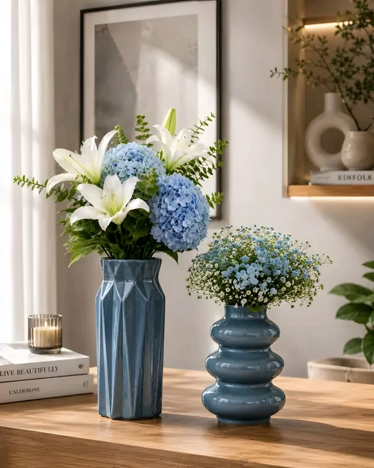 Modern Minimalist Ceramic Turquoise Green Flower Vases (Set of 2 - 8 & 6 Inch)