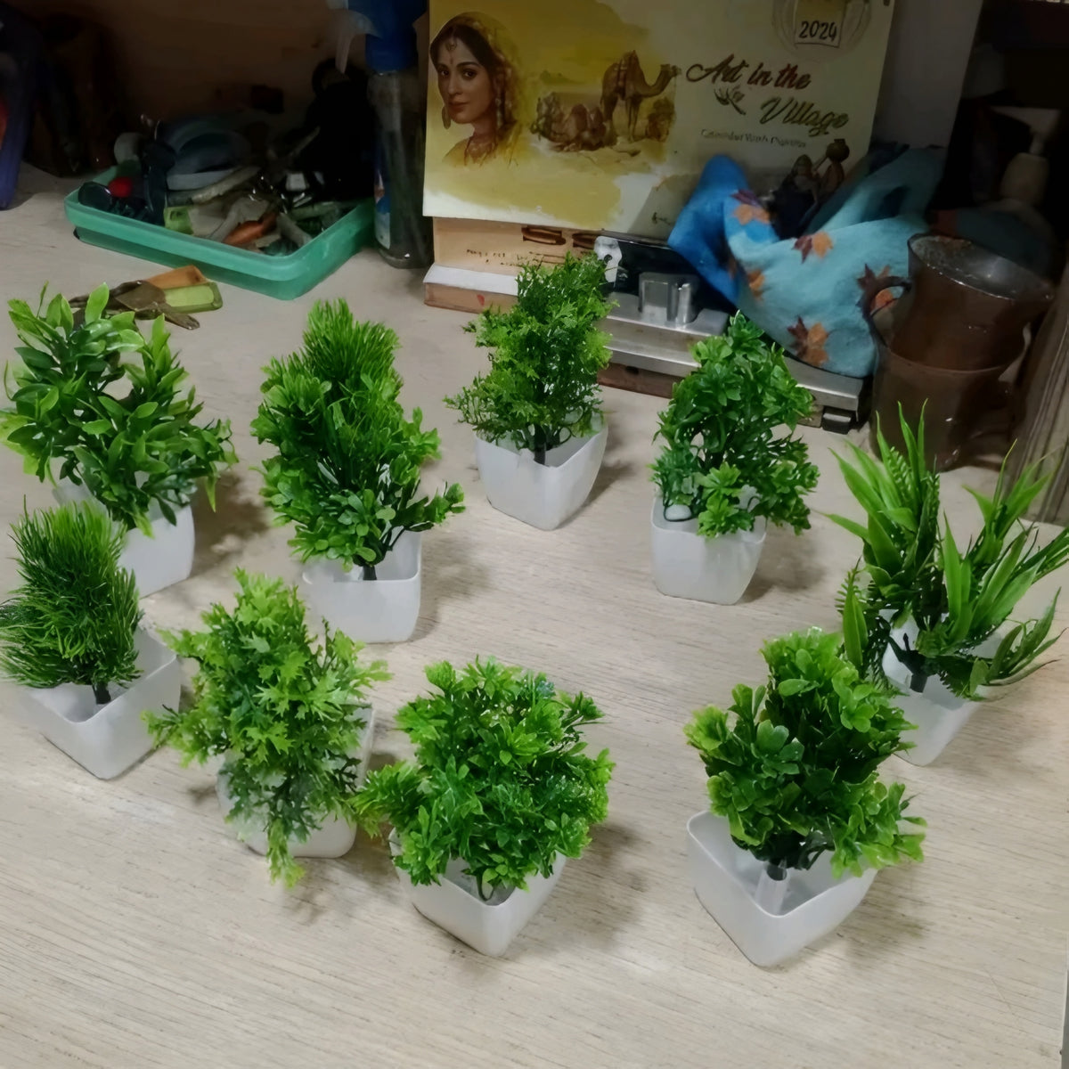 Mini Tabletop Artificial Plants in White Pots (Set of 10)