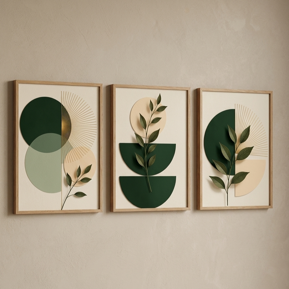 Modern Boho Botanical Wall Art Frames - Green & Beige Minimalist Decor (Pack of 3)