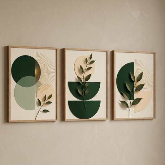 Modern Boho Botanical Wall Art Frames - Green & Beige Minimalist Decor (Pack of 3)