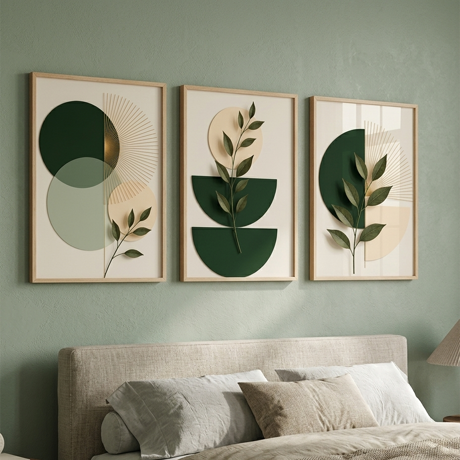 Modern Boho Botanical Wall Art Frames - Green & Beige Minimalist Decor (Pack of 3)