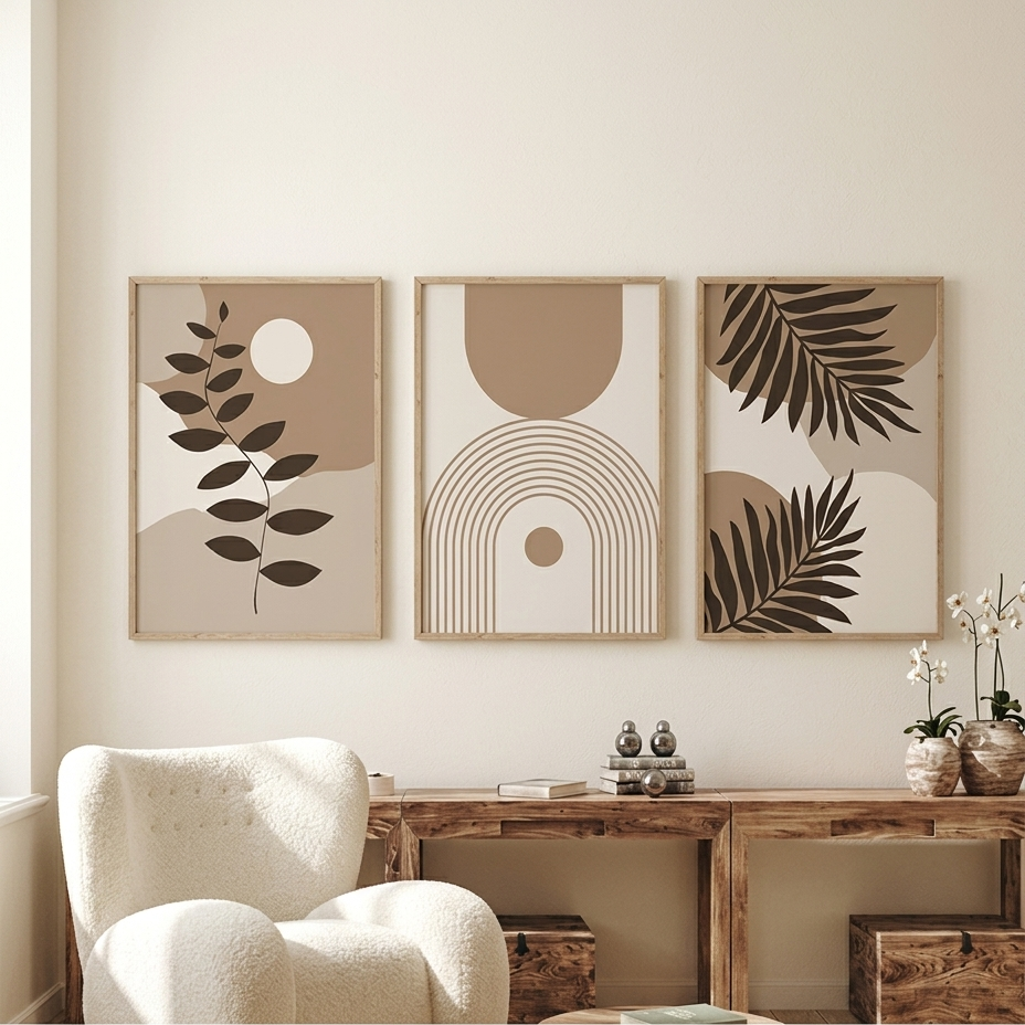 Modern Warm Beige & Brown Abstract Wall Art Set - Aesthetic Boho Decor (Pack of 3, A4)