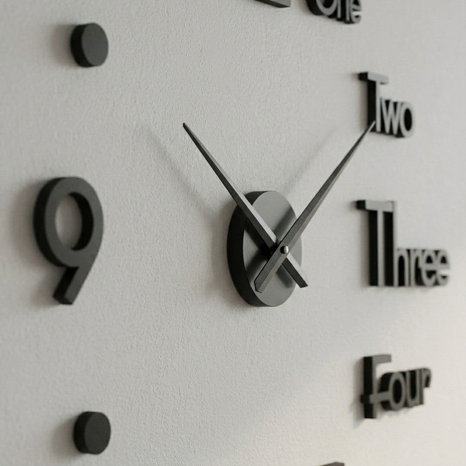 Modern 3D DIY Acrylic Frameless Wall Clock - Large Word & Number Sticker Clock for Home Decor (Black)
