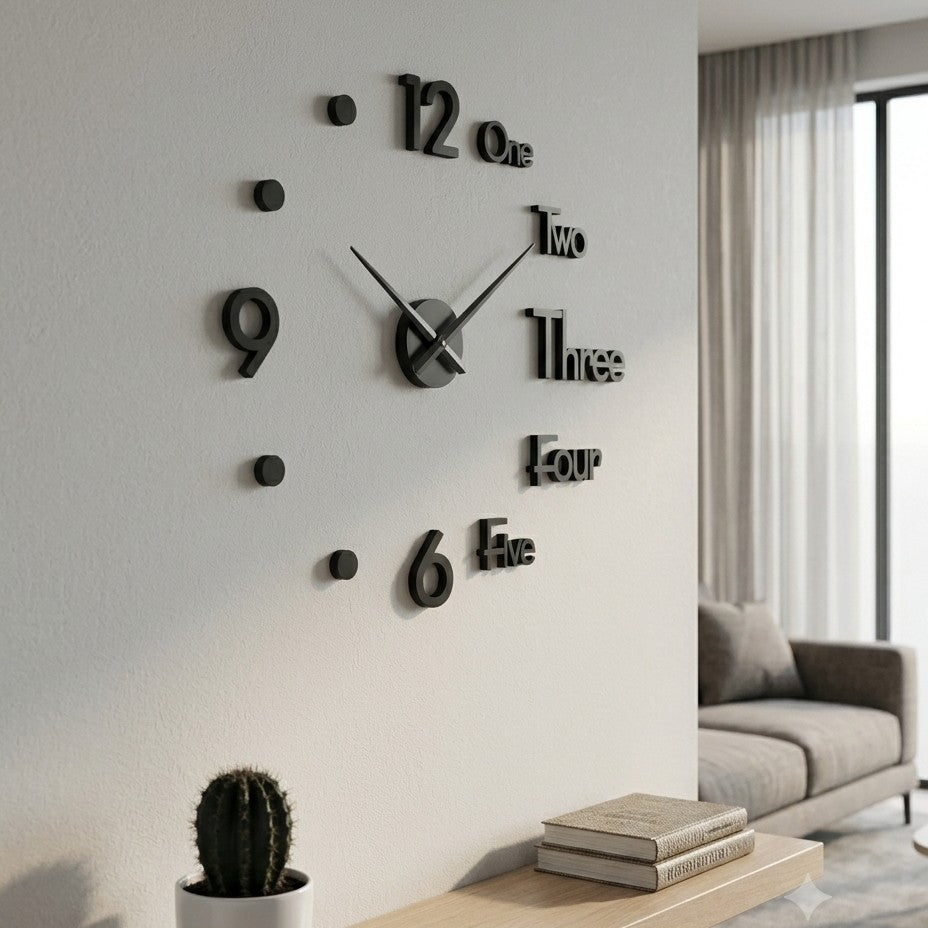 Modern 3D DIY Acrylic Frameless Wall Clock - Large Word & Number Sticker Clock for Home Decor (Black)