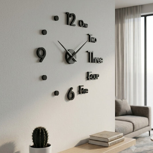 Modern 3D DIY Acrylic Frameless Wall Clock - Large Word & Number Sticker Clock for Home Decor (Black)