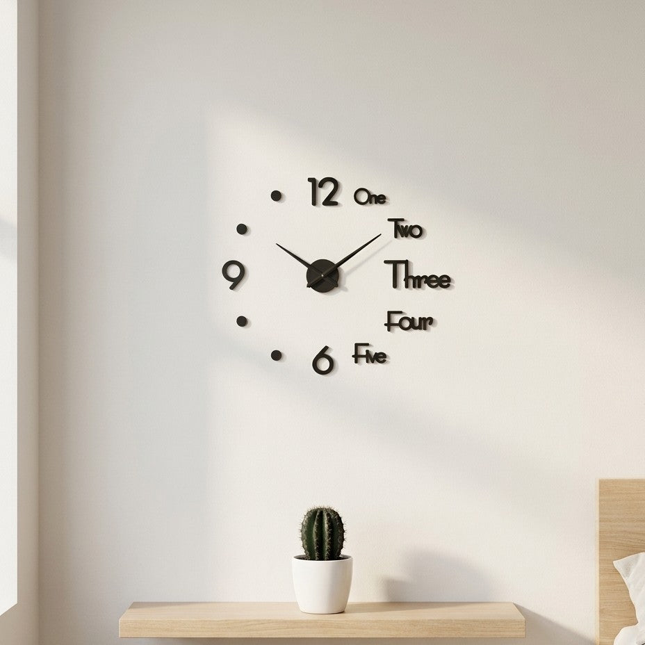 Modern 3D DIY Acrylic Frameless Wall Clock - Large Word & Number Sticker Clock for Home Decor (Black)