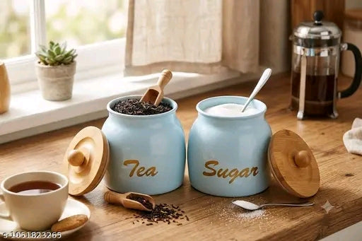 Premium Metal Tea & Sugar Canister Set with Wooden Lids & Spoons (Set of 2)
