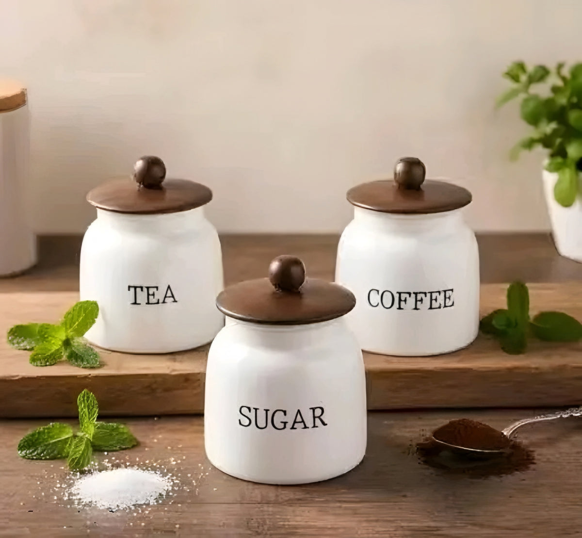 Modern White Metal Tea, Coffee & Sugar Storage Jar Set of 3 with Natural Wooden Lids (700 ml)