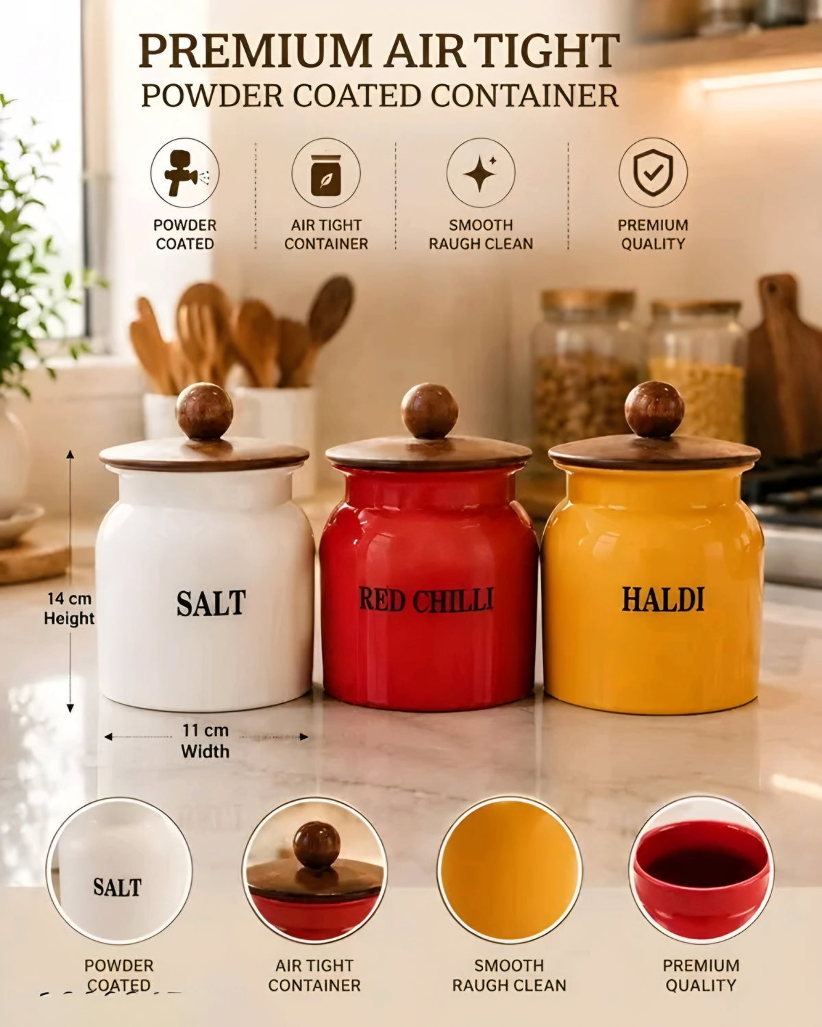 Aesthetic 3-Piece Powder-Coated Spice Storage Containers with Wooden Lids (Salt, Red Chilli & Haldi)