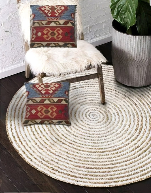 Handmade Round Natural Braided Jute Carpet Rug - Eco-Friendly Boho Floor Mat for Living Room, Bedroom & Balcony (80x80 cm, Off-White & Natural)