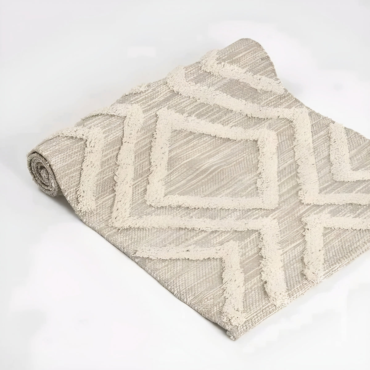 Pure Cotton Tufted Geometric Bedside Floor Runner Rug - Minimalist Beige Area Carpet with Tassels (2x5 Feet)