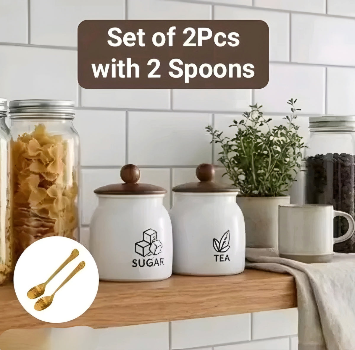 Aesthetic 2-Piece Airtight Kitchen Canister Set with Spoons (Tea & Sugar)