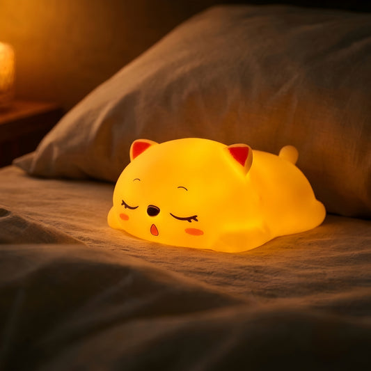 Cute Sleeping Kitty Silicone Night Lamp - Soft LED Bedside Lamp for Kids & Nursery Decor (Warm Yellow Glow)