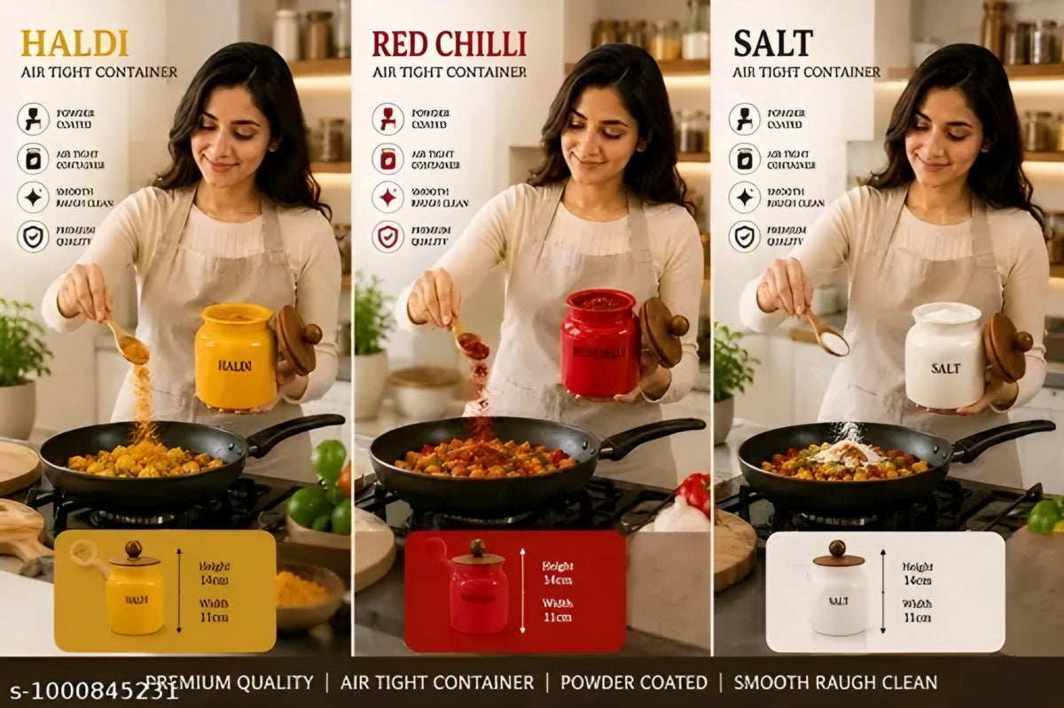 Aesthetic 3-Piece Powder-Coated Spice Storage Containers with Wooden Lids (Salt, Red Chilli & Haldi)