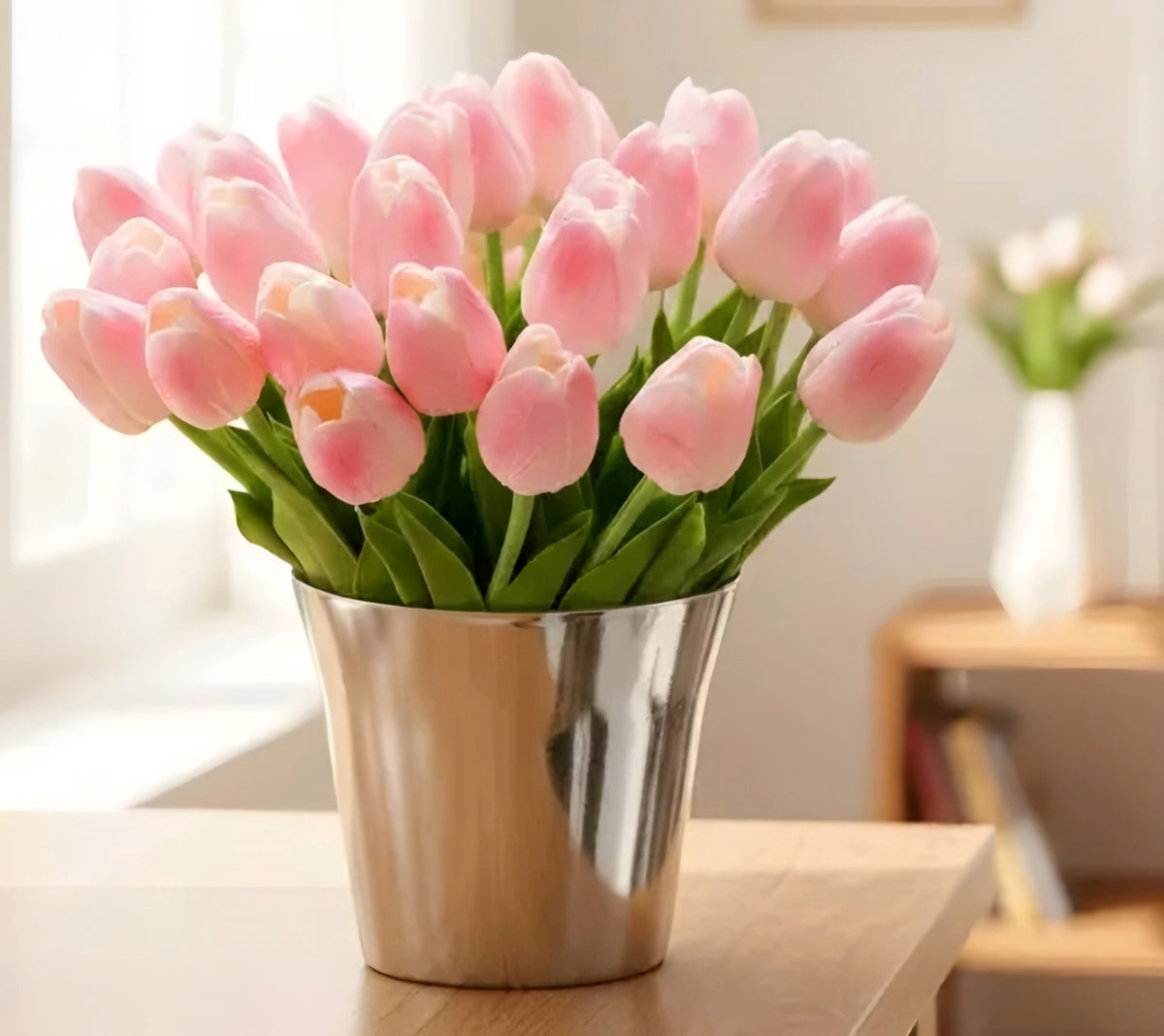 Real Touch Artificial Pink & White Shaded Tulip Flowers (Pack of 5