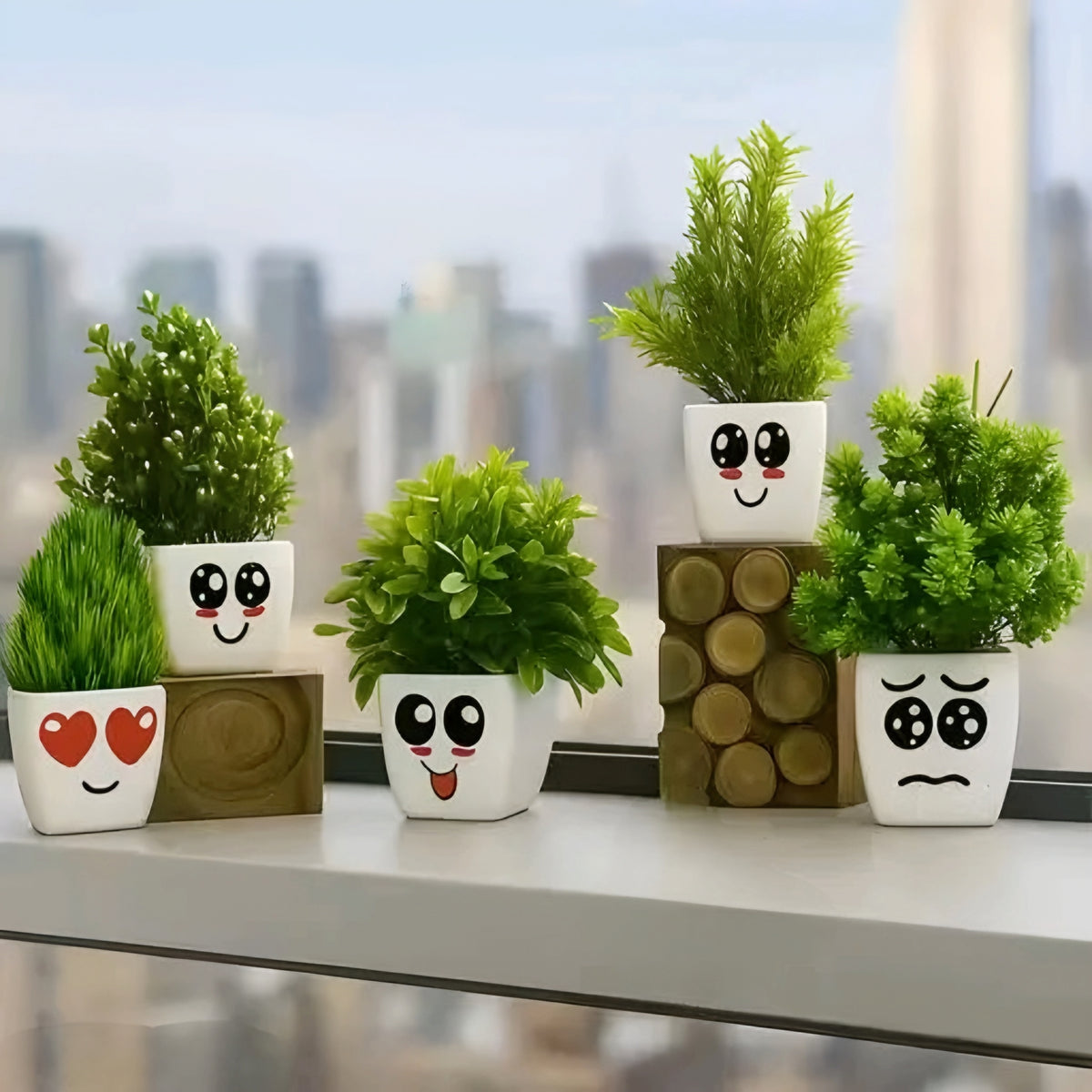 Cute Emoji Face Mini Artificial Tabletop Plants (Set of 5)