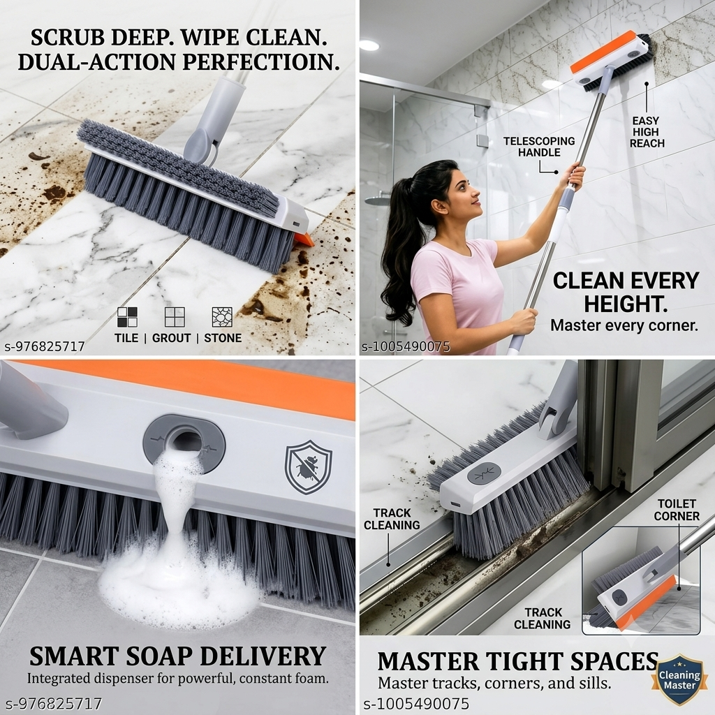 2-in-1 Bathroom Floor Scrub Brush with Squeegee Wiper | 180° Rotating Long Handle