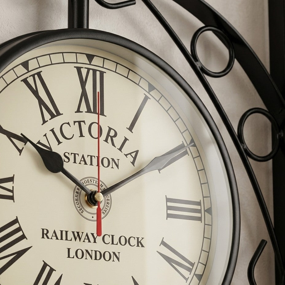 Vintage Victoria Station Double-Sided Hanging Wall Clock - Antique Metal Railway Clock (8 Inch)
