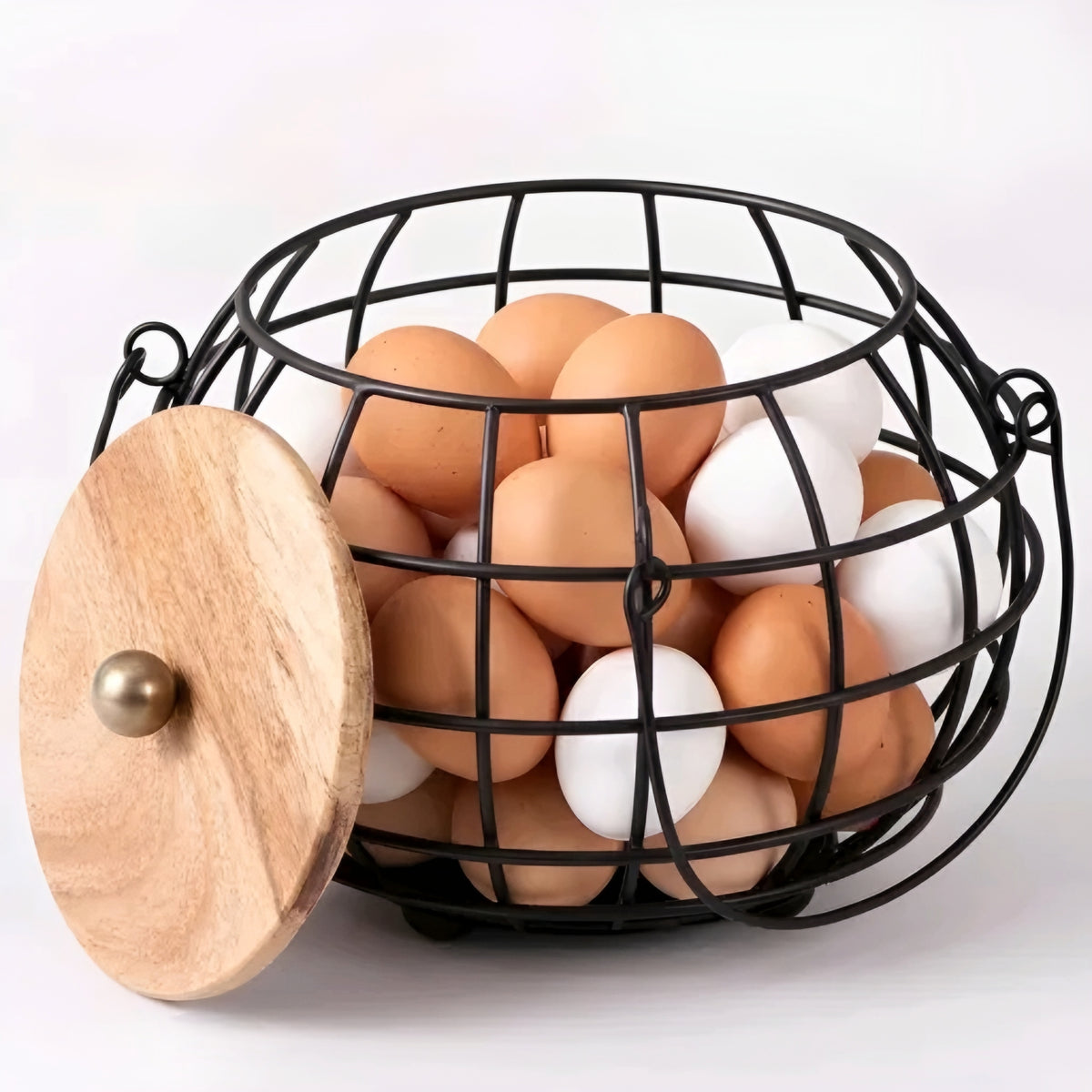 Modern Metal Wire Egg & Fruit Basket Organizer with Natural Wooden Lid (Black)