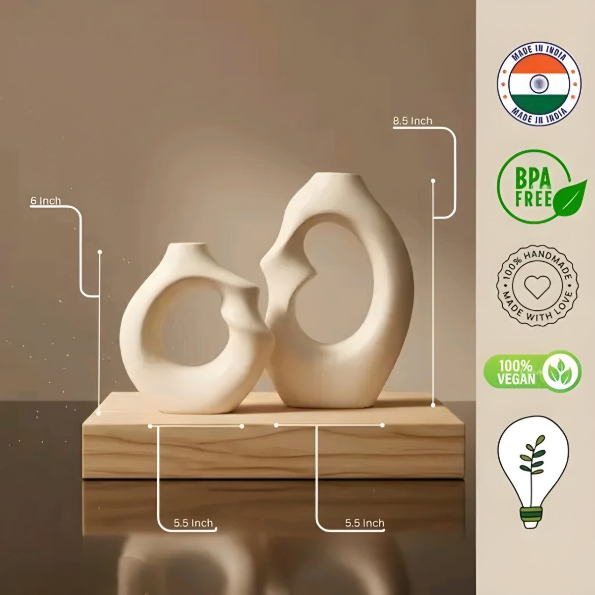 Modern Abstract Matte White Ceramic Vases (Set of 2 - Hollow Doughnut & Curved Design)