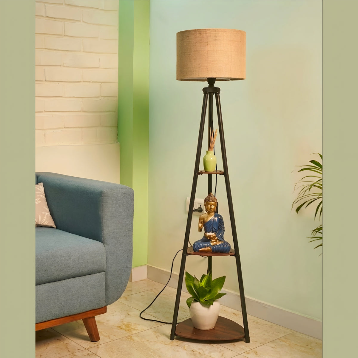 Modern Italian Wooden Corner Tripod Floor Lamp with Jute Shade & Built-in Storage Shelves (52 Inch)