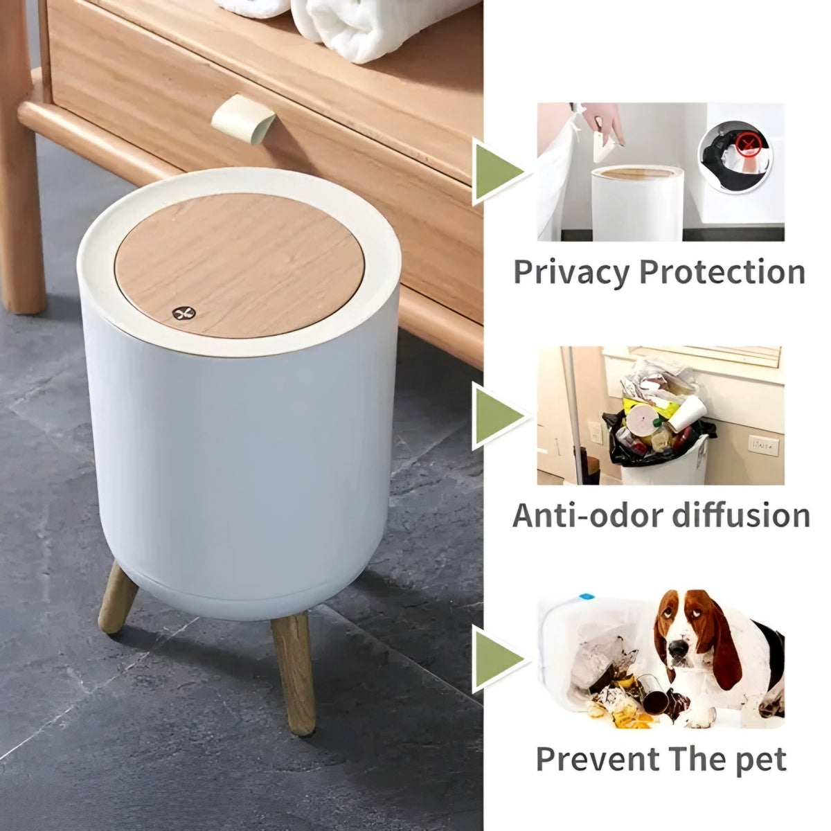 Modern Nordic Elevated Trash Can with Lid & Legs (White)
