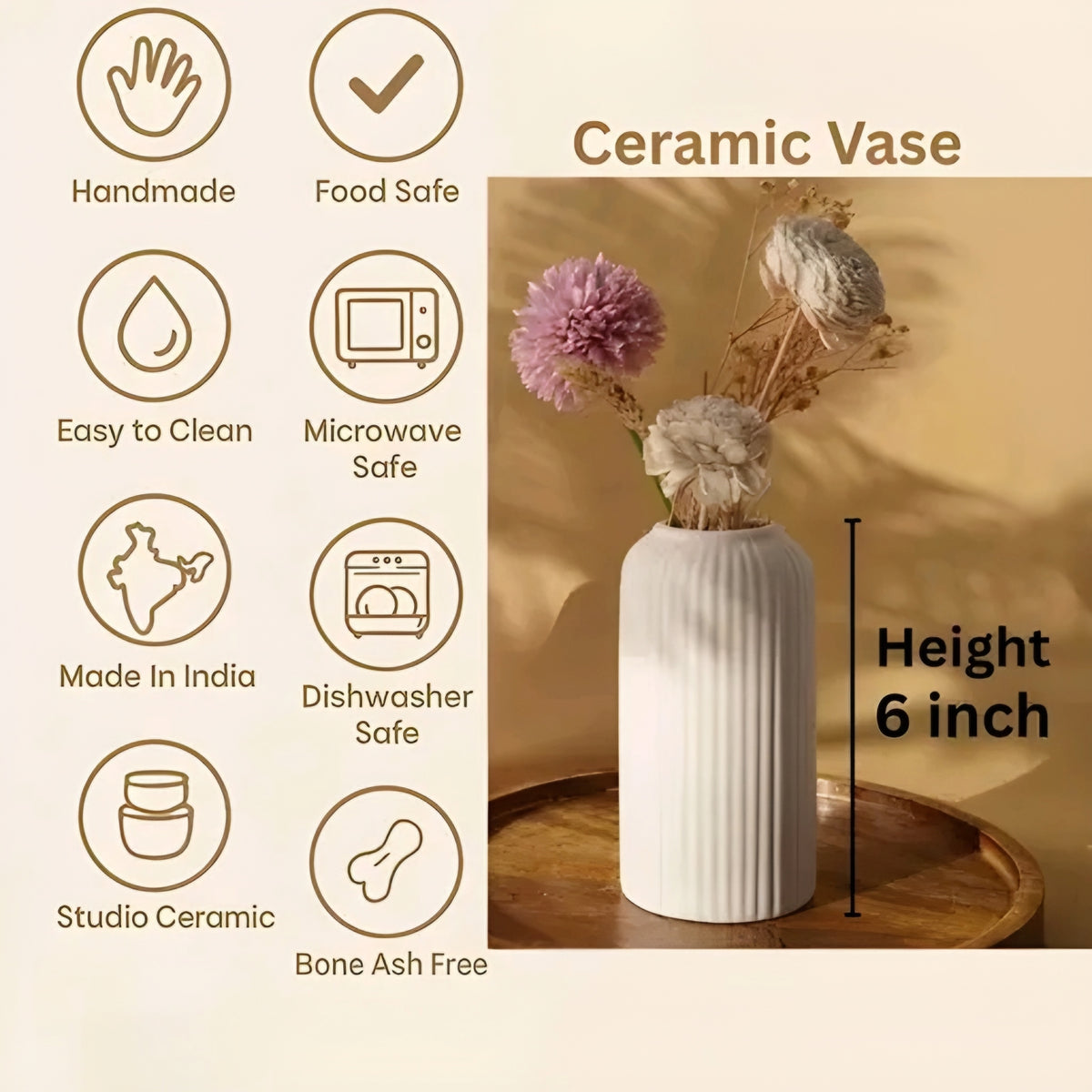 Vintage White Ribbed Ceramic Flower Vase (6 Inch)