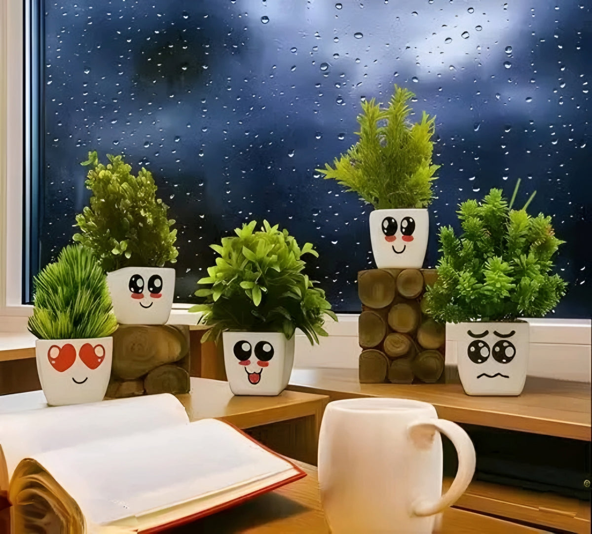 Cute Emoji Face Mini Artificial Tabletop Plants (Set of 5)
