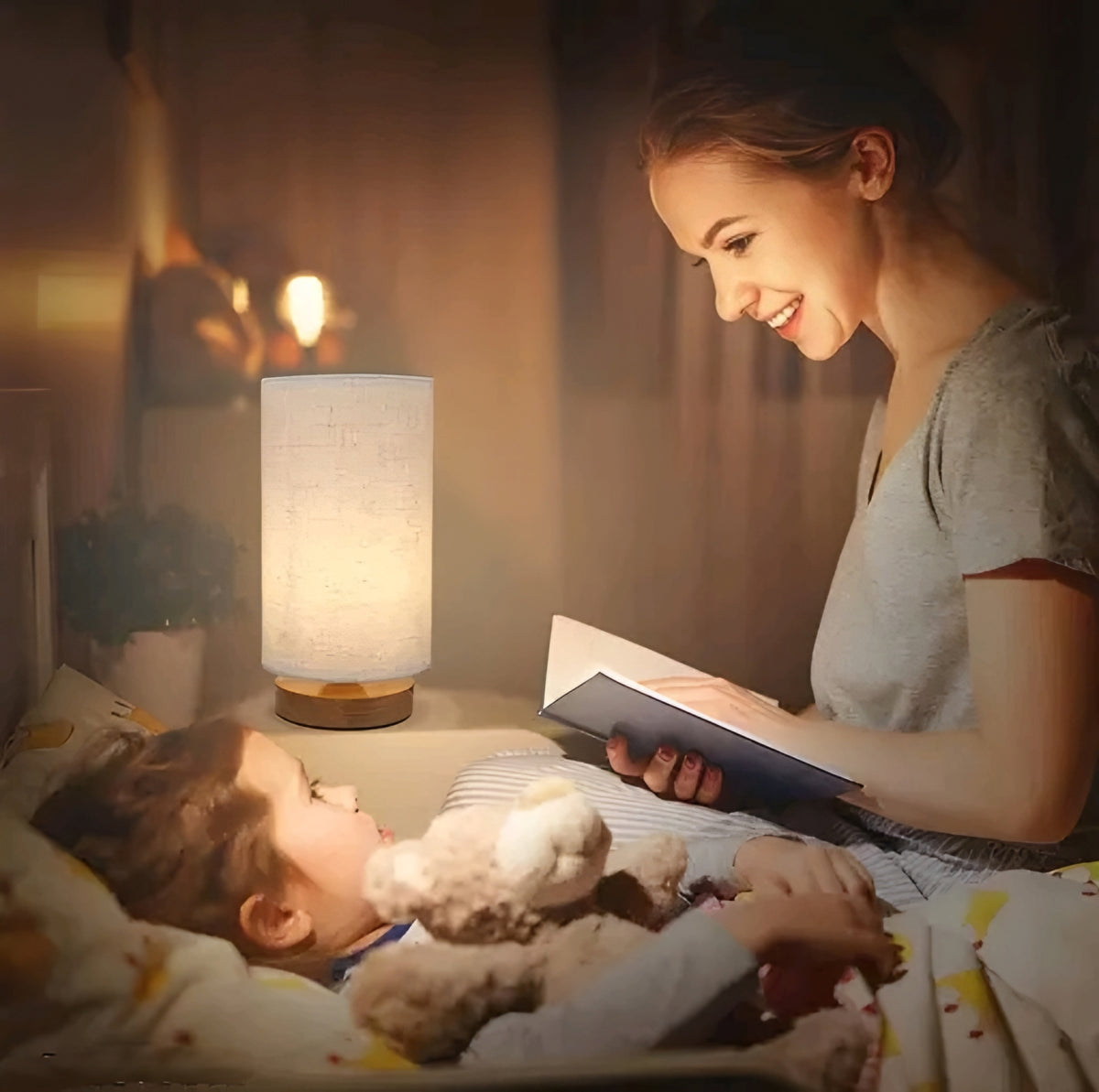 Modern Wooden Base Cylinder Bedside Table Lamp - Warm Fabric Lamp Shade for Bedroom, Living Room & Office Desk