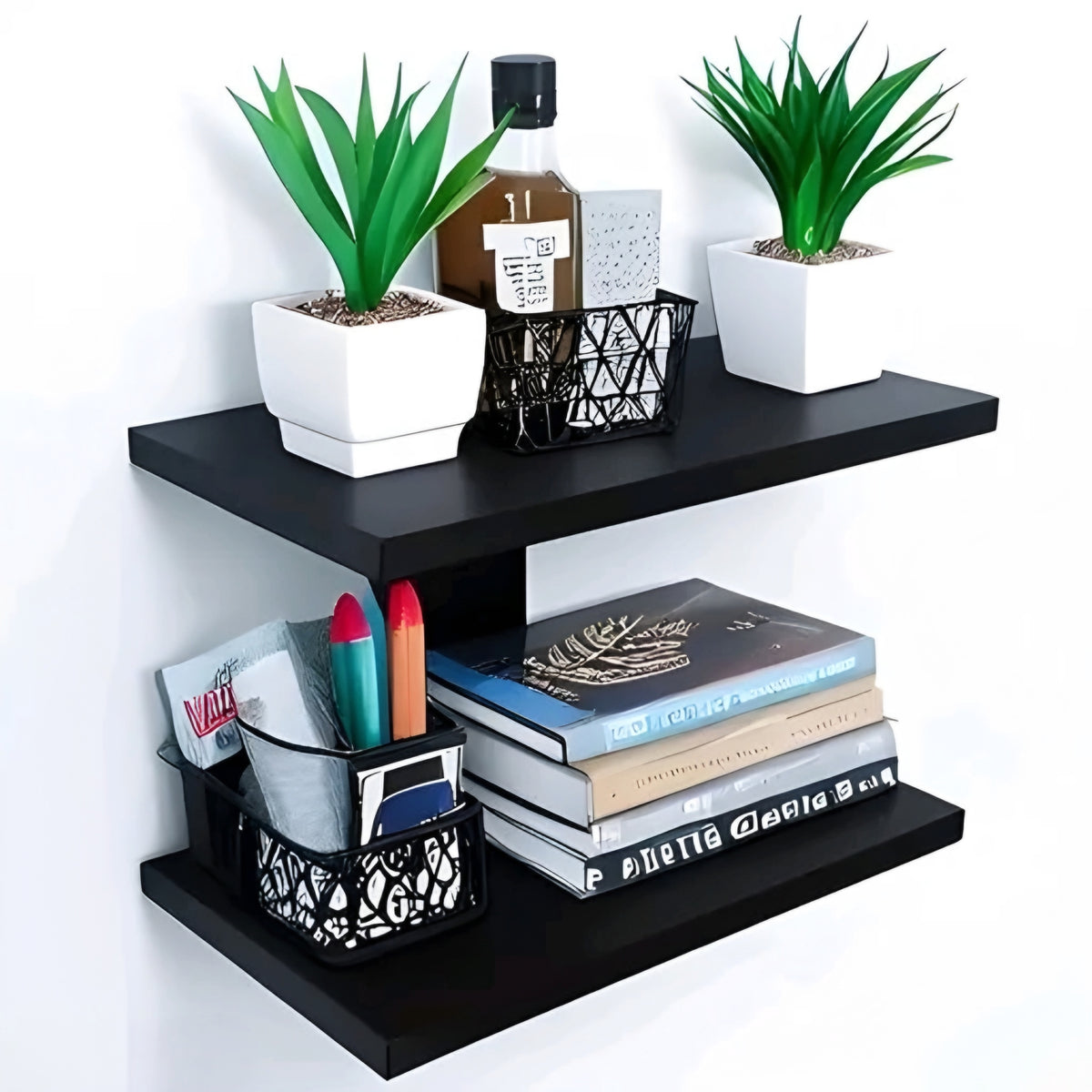 Modern 2-Tier Interlocking Wooden Floating Wall Shelf (Matte Black)