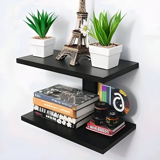 Modern 2-Tier Interlocking Wooden Floating Wall Shelf (Matte Black)