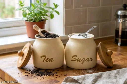 Premium Metal Tea & Sugar Canister Set with Wooden Lids & Spoons (Set of 2)