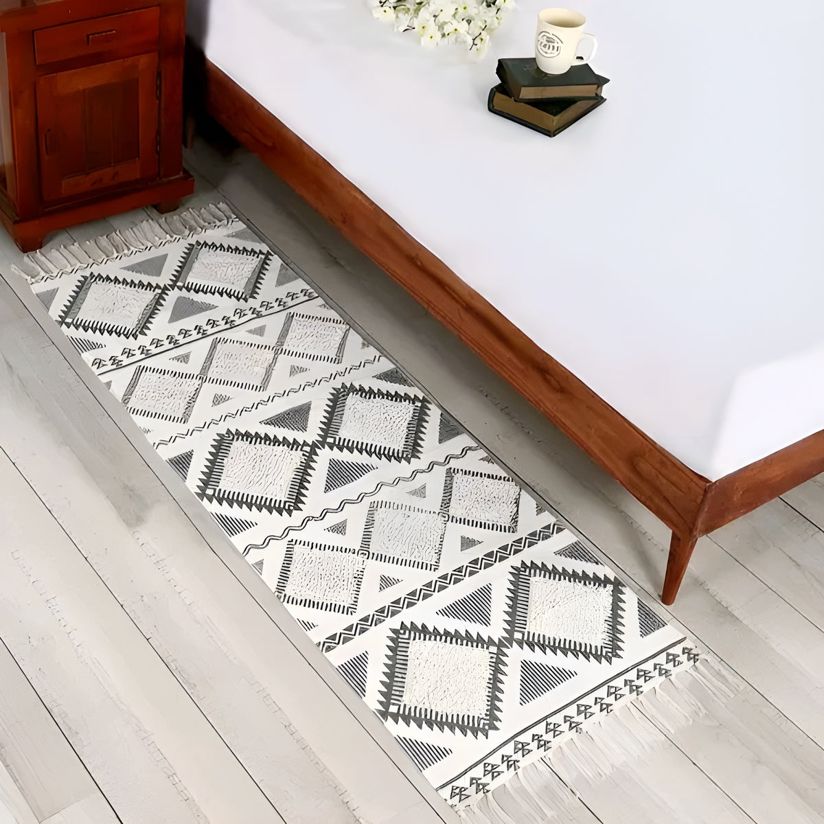 Hand Woven Tufted Cotton Boho Floor Runner Rug - Geometric Bedside Area Carpet & Mat with Tassels (2x5 Feet)