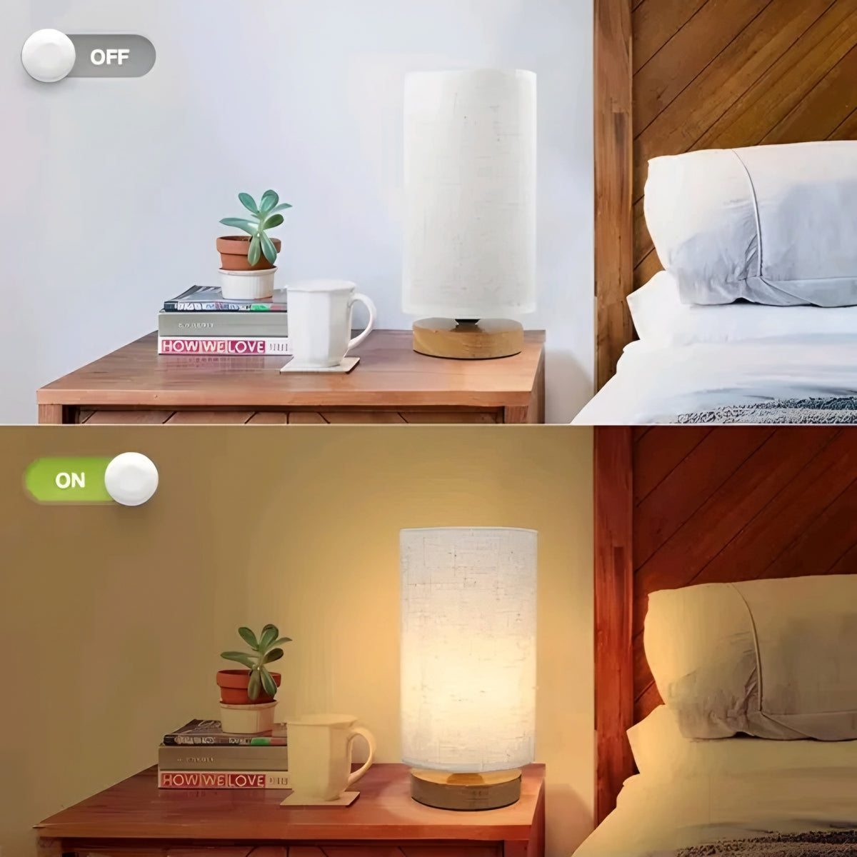 Modern Wooden Base Cylinder Bedside Table Lamp - Warm Fabric Lamp Shade for Bedroom, Living Room & Office Desk