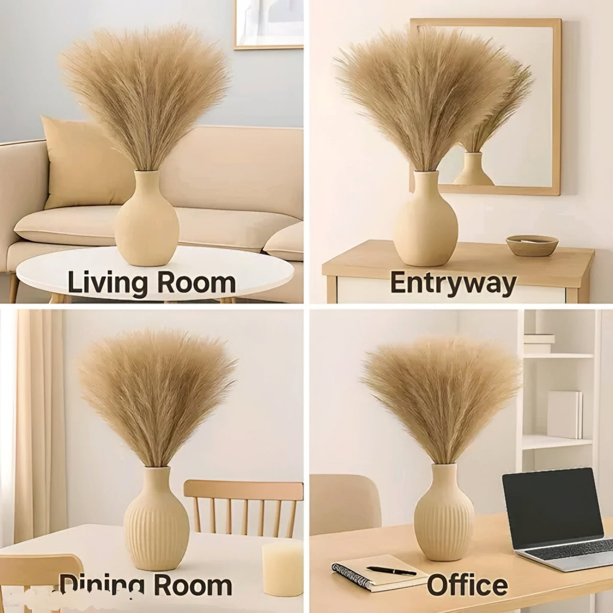 Fluffy Artificial Faux Pampas Grass Stems in Brown (Pack of 3)
