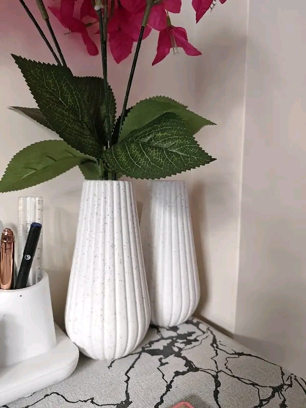 Modern Ribbed Origami Style White Flower Vases (Set of 2 - 8 Inch)