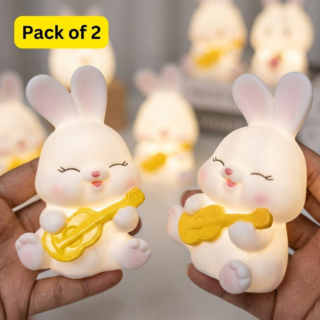 Cute Musical Bunny Night Lamp Combo (Pack of 2) - Battery Operated Warm White LED Bedside Light for Nursery & Kids Room