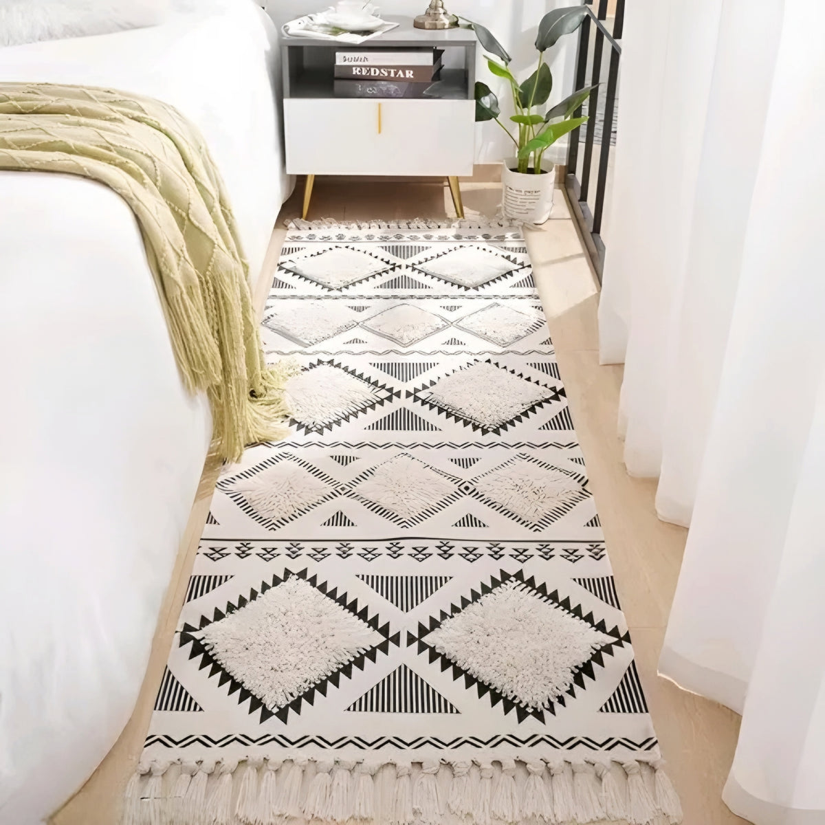 Hand Woven Tufted Cotton Boho Floor Runner Rug - Geometric Bedside Area Carpet & Mat with Tassels (2x5 Feet)
