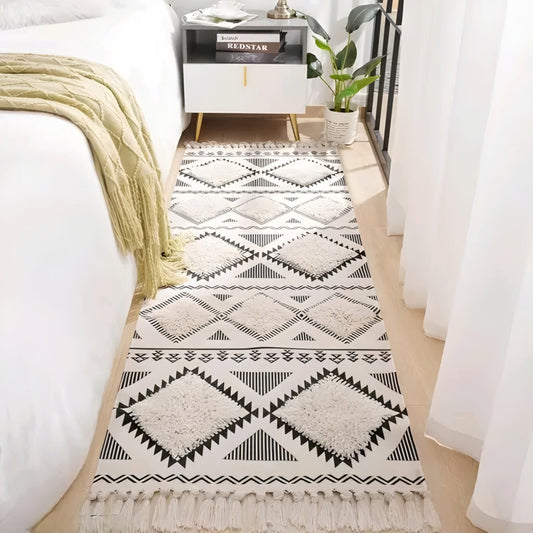 Hand Woven Tufted Cotton Boho Floor Runner Rug - Geometric Bedside Area Carpet & Mat with Tassels (2x5 Feet)