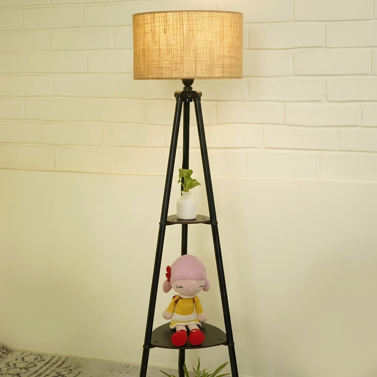 Modern Italian Wooden Corner Tripod Floor Lamp with Jute Shade & Built-in Storage Shelves (52 Inch)
