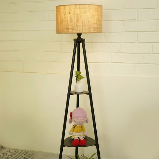 Modern Italian Wooden Corner Tripod Floor Lamp with Jute Shade & Built-in Storage Shelves (52 Inch)