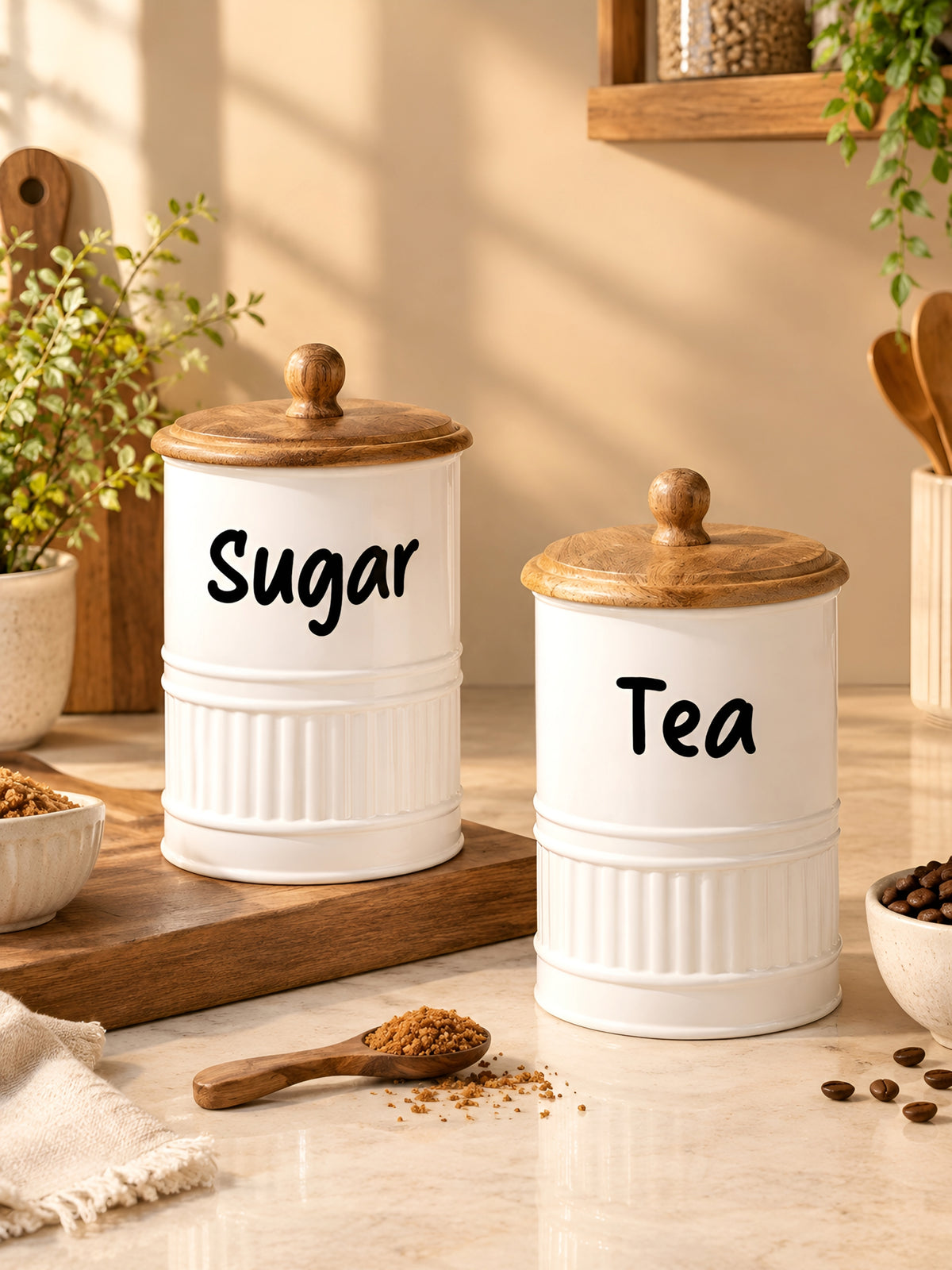 Neo-Modern Airtight Metal Kitchen Storage Canisters with Wooden Lids (Set of 2 - Sugar & Tea)